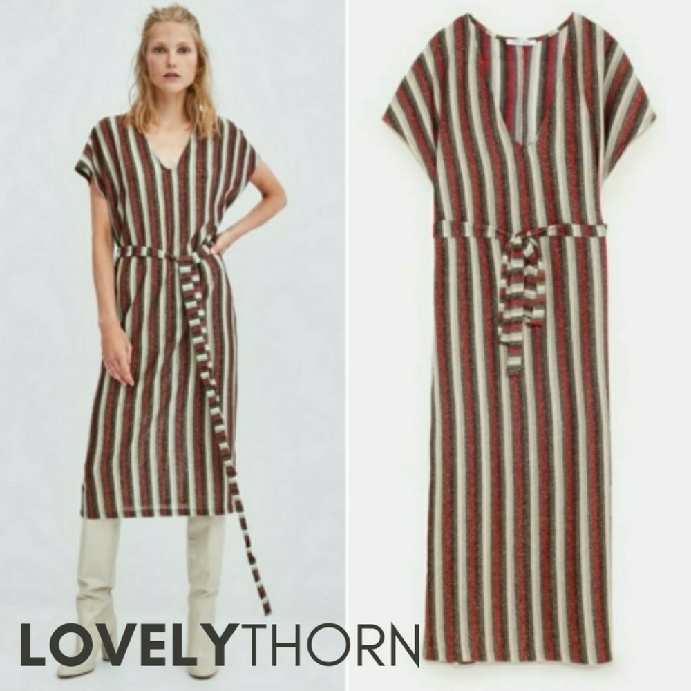 ZARA // metallic striped vneck belted midi dress